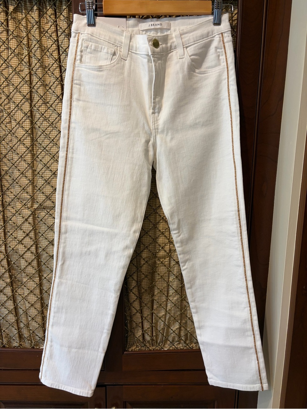 J Brand White Straight-Leg Jeans with Gold Side Stripe